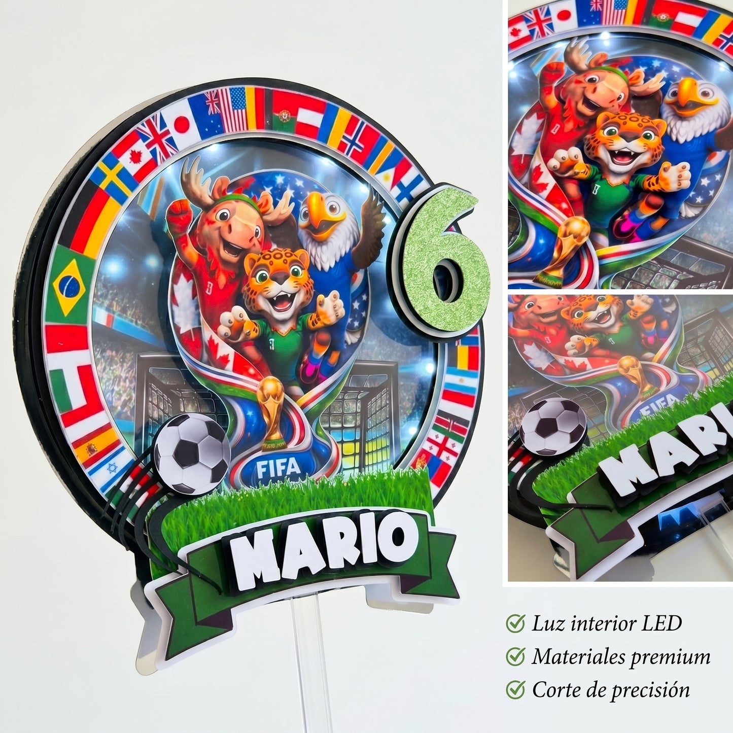 Cake Topper "Cumpleaños Mundial 2026 Luz LED"