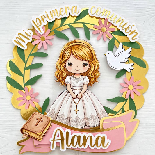 Cake Topper “Mi primera comunión” Niña Corona de flores