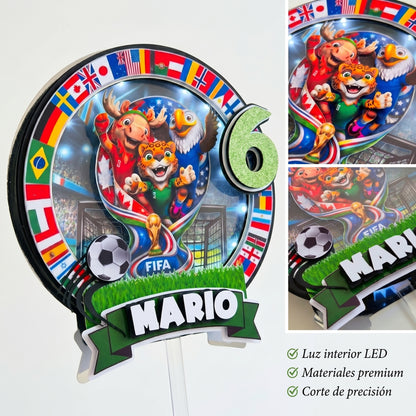 Cake Topper "Cumpleaños Mundial 2026 Luz LED"