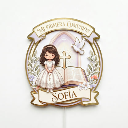 Cake Topper “Mi primera comunión” Niña Elegante