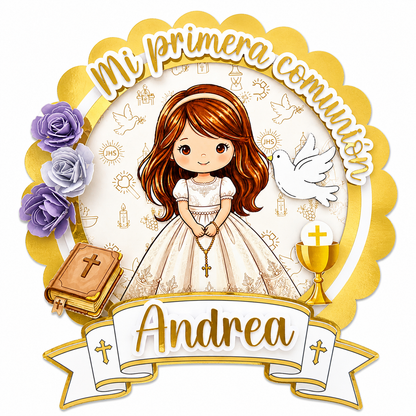 Cake Topper “Mi primera comunión” Niña Rosas