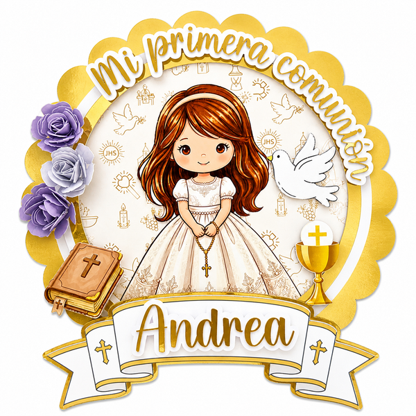 Cake Topper “Mi primera comunión” Niña Rosas
