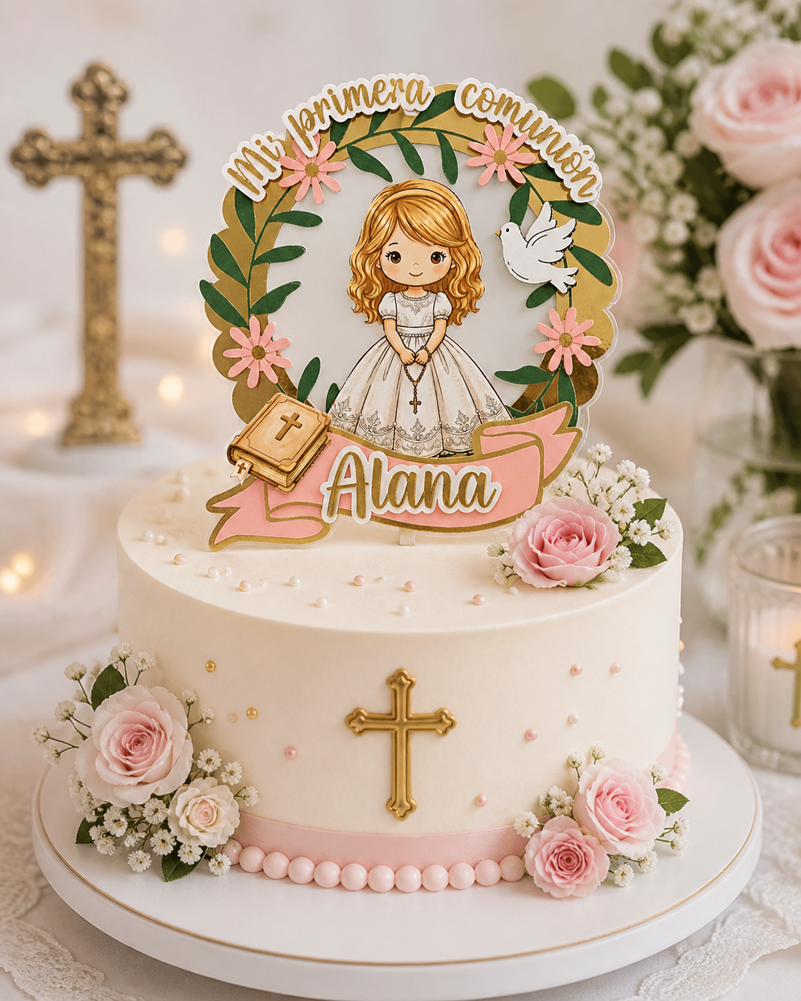 Cake Topper “Mi primera comunión” Niña Corona de flores