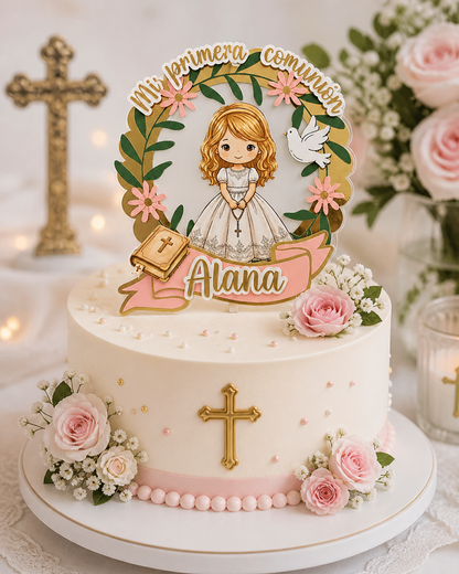 Cake Topper “Mi primera comunión” Niña Corona de flores