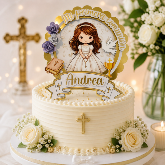 Cake Topper “Mi primera comunión” Niña Rosas