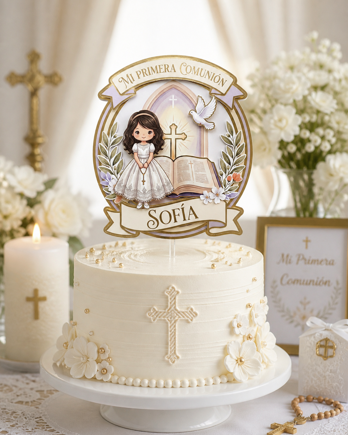 Cake Topper “Mi primera comunión” Niña Elegante
