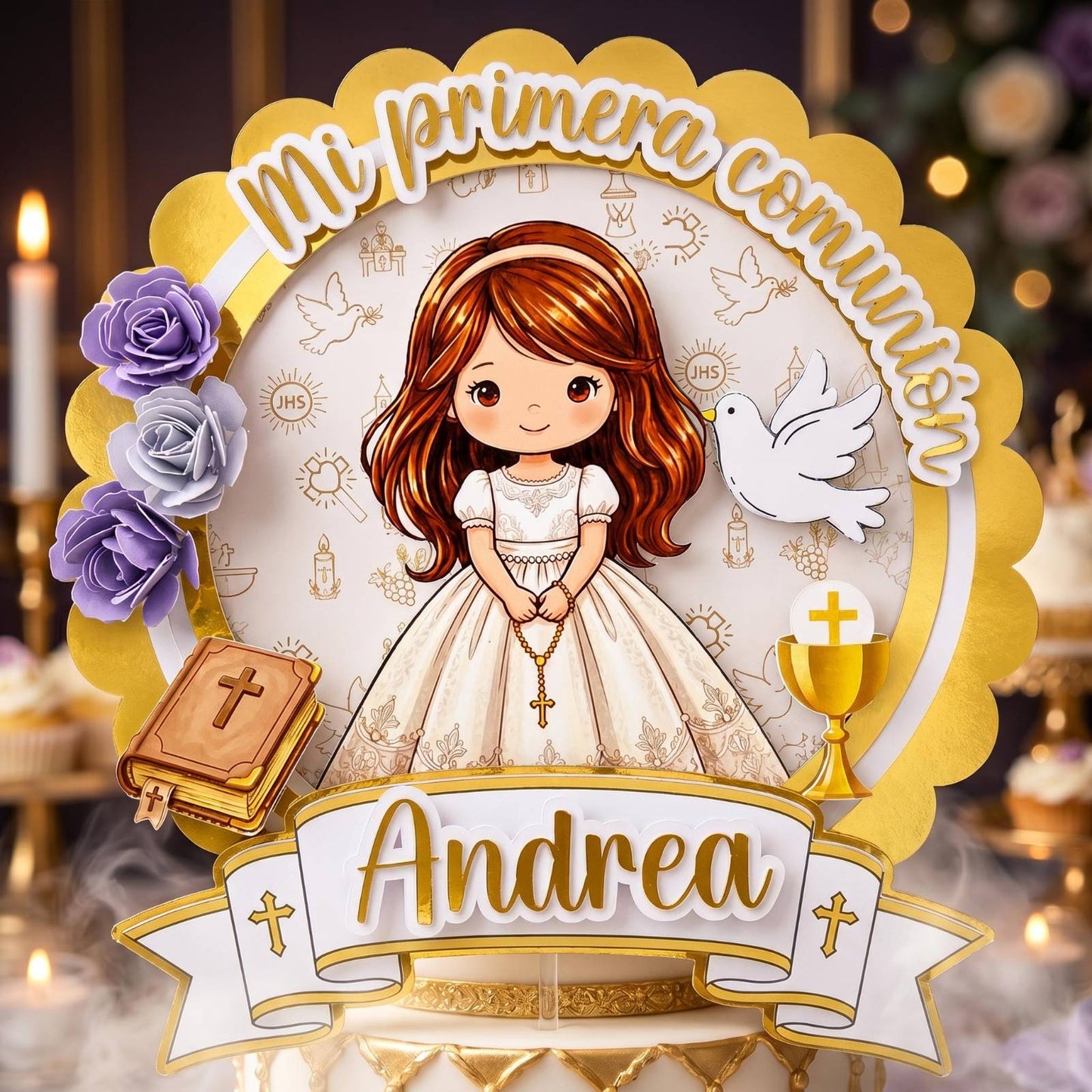 Cake Topper “Mi primera comunión” Niña Rosas