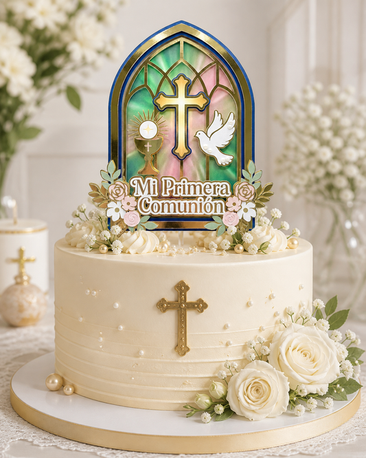 Cake Topper “Mi primera comunión” Diseño Vidriera Elegante