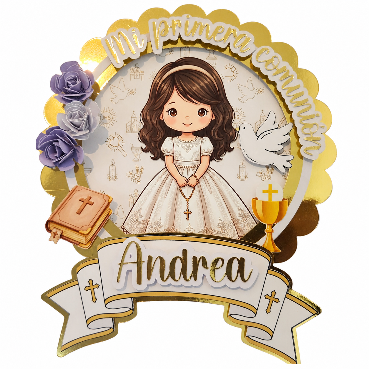 Cake Topper “Mi primera comunión” Niña Rosas