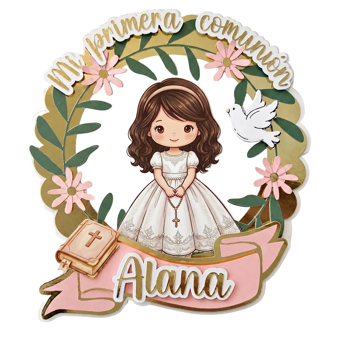 Cake Topper “Mi primera comunión” Niña Corona de flores