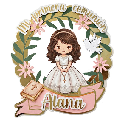 Cake Topper “Mi primera comunión” Niña Corona de flores